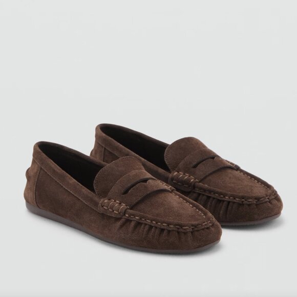 64. MANGO MNG Suede Chocolate Brown penny loafers $140 Like New sz 40 - Picture 1 of 6